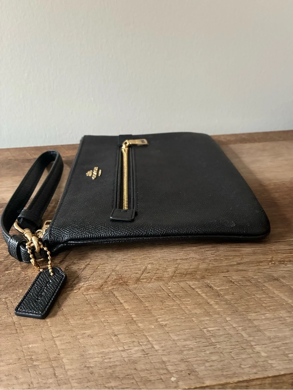Coach Black Leather Wristlet with Gold Hardware